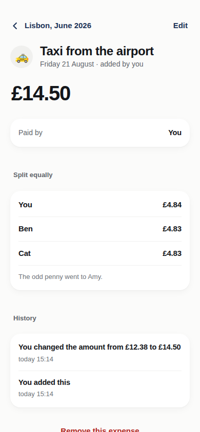 An expense’s History section, showing who changed the amount and what it was before.