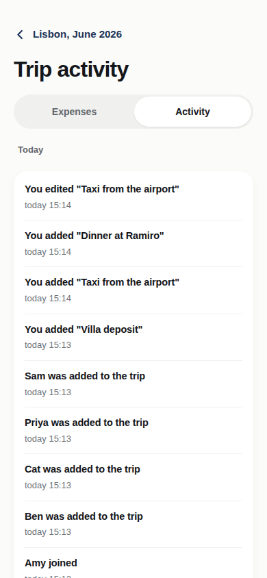 The Trip activity feed listing each change with the person who made it and when.