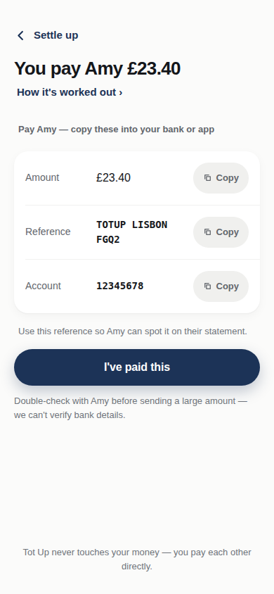 A payment line showing the amount, a copyable reference and account details, with an “I’ve paid this” button.