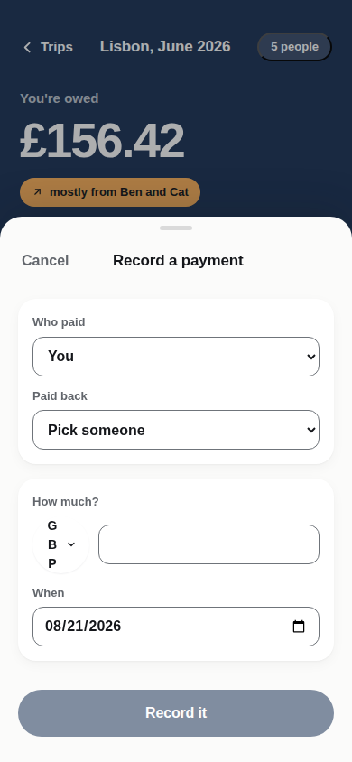 The Record a payment sheet: who paid, who they paid, and how much.