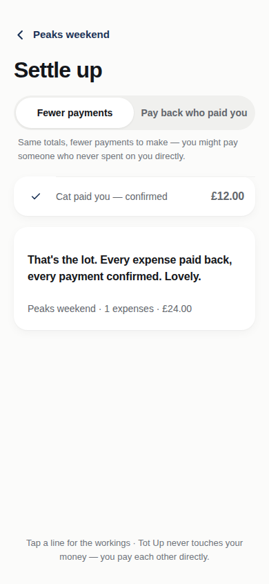 The all-settled moment: a tick, and the line “That’s the lot. Every expense paid back, every payment confirmed.”