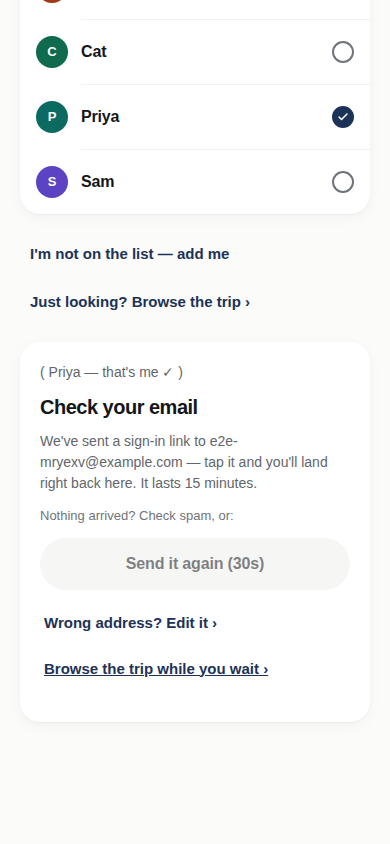 The sign-in step expanded in place under the chosen name, reading “Check your email — we’ve sent a sign-in link”.