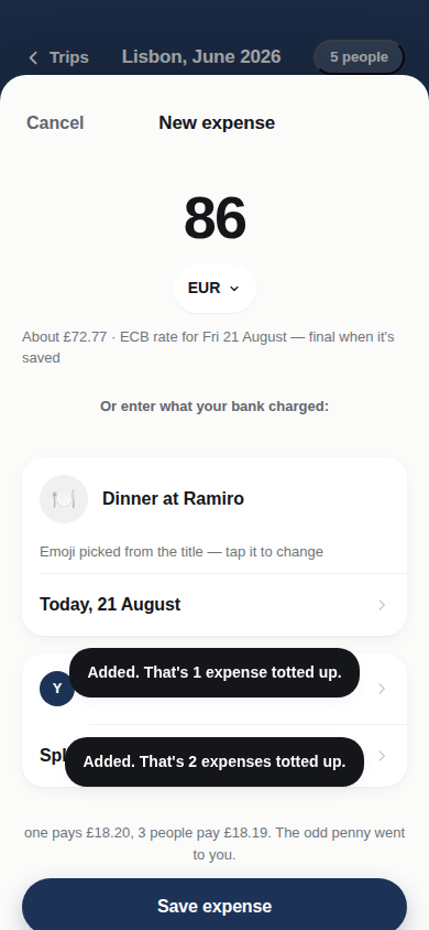 A euro expense showing the converted pounds figure with the ECB rate and the date it came from.